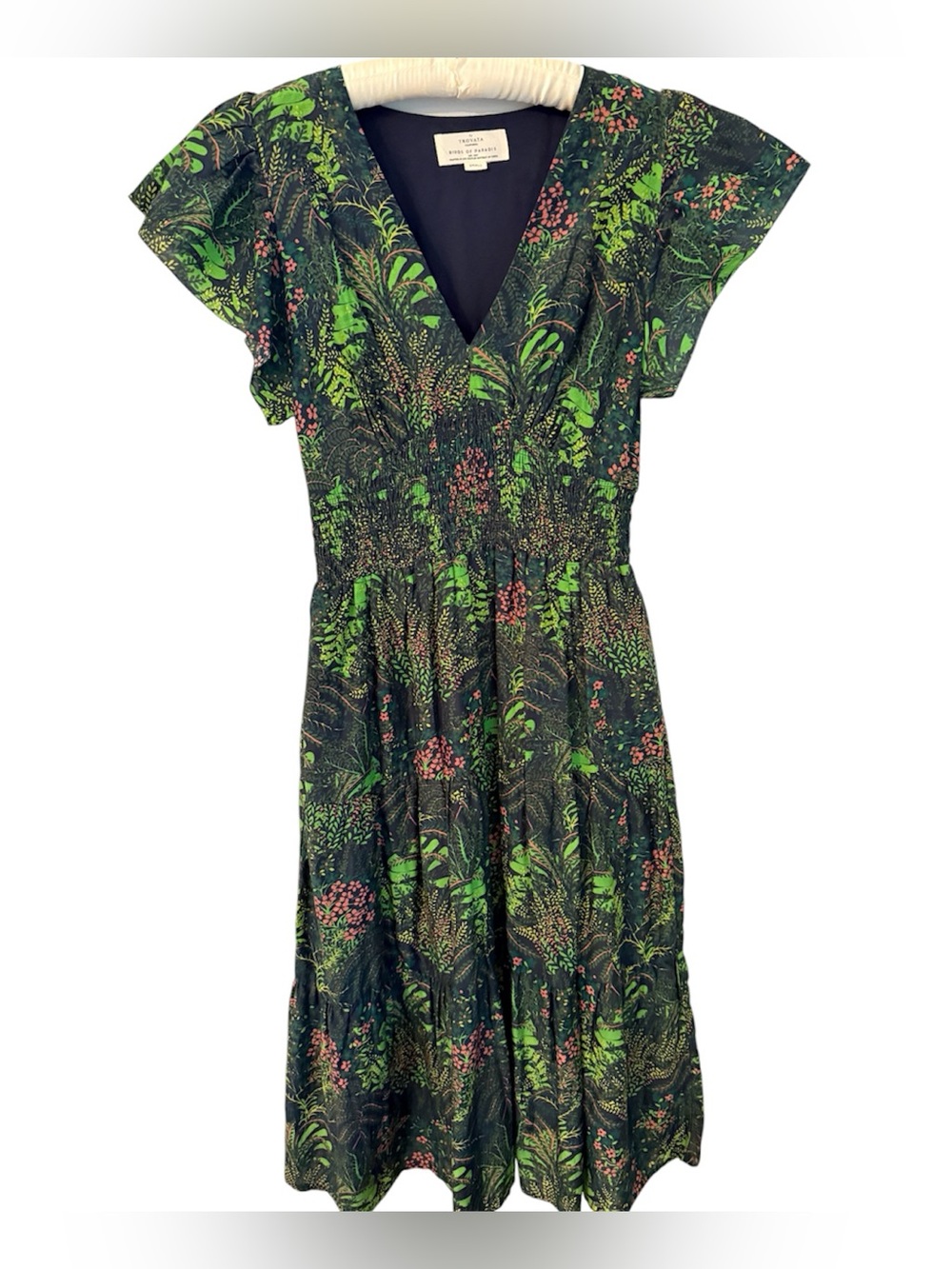 Trovata Birds of Paradis Tropical Print Midi Dress Green Pink S with Pockets